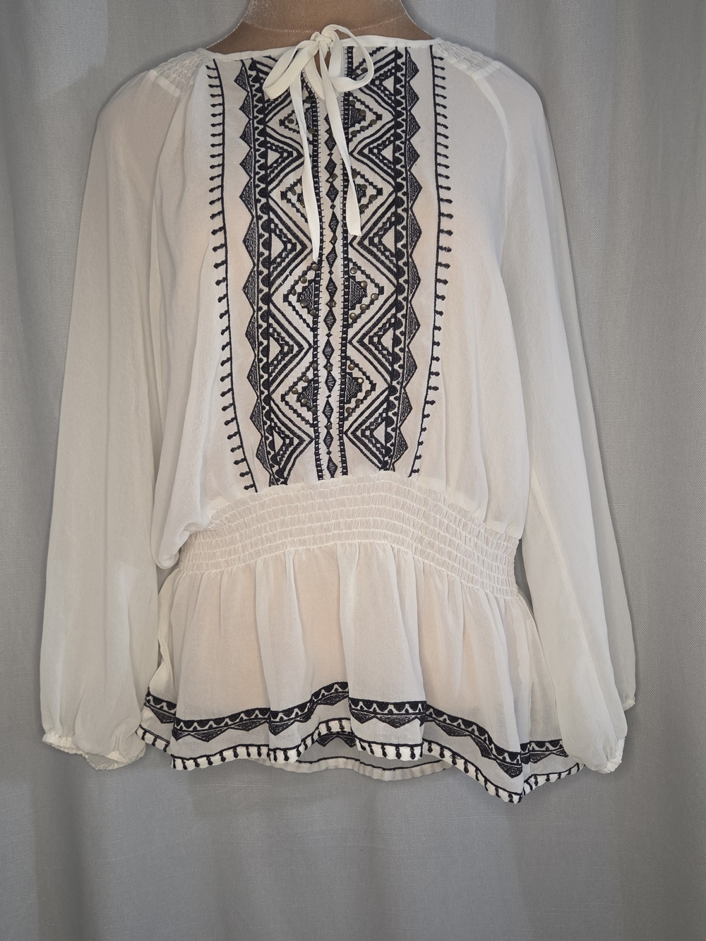 Boho White Peasant Blouse with Black Embroidery Women's Size Large